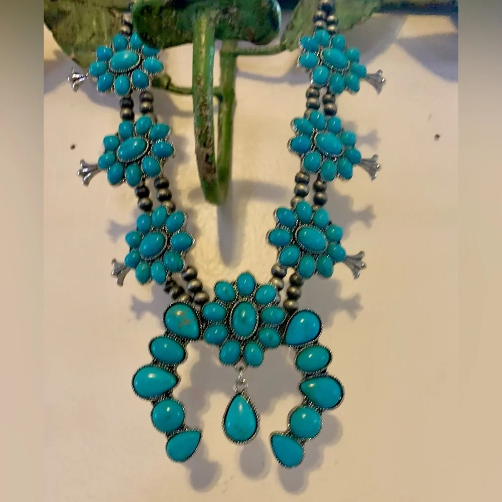 Squash Blossom Necklace and Earring Set in Turquoise
